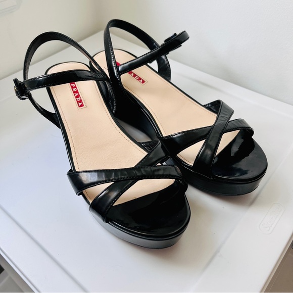 PRADA Linea Rossa Black Patent Platform Strap Slingback Sandals - Picture 4 of 16